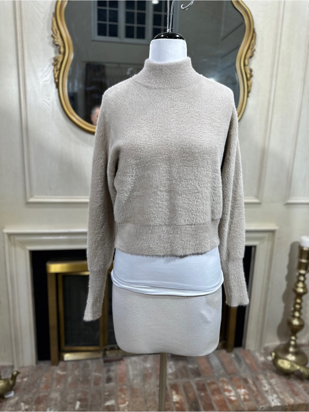 Bailey 44 Sweater XS Mock Neck Button Cuff Eyelash Knit Soft Taupe Beige Top